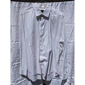 David Donahue White Ribbed Woven Cotton French Cuff Dress Shirt 17.5 36/37